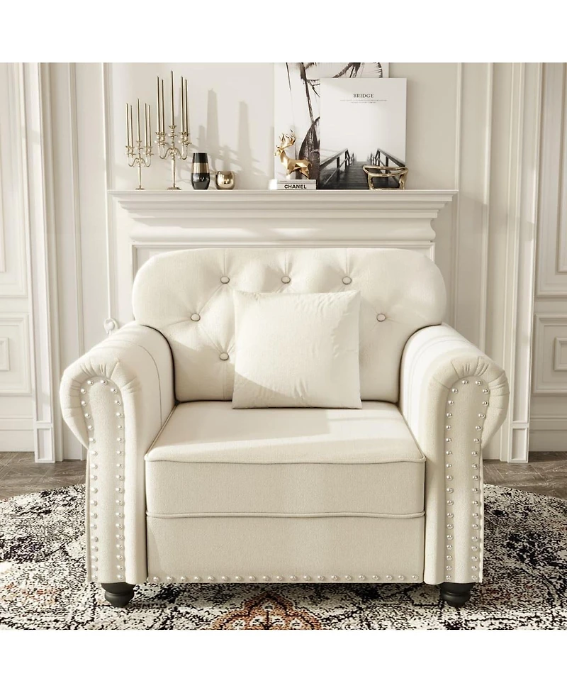 Maison Boucle Velvet Accent Chair with Ottoman, Tufted Nailhead Rolled Arms, Pillow