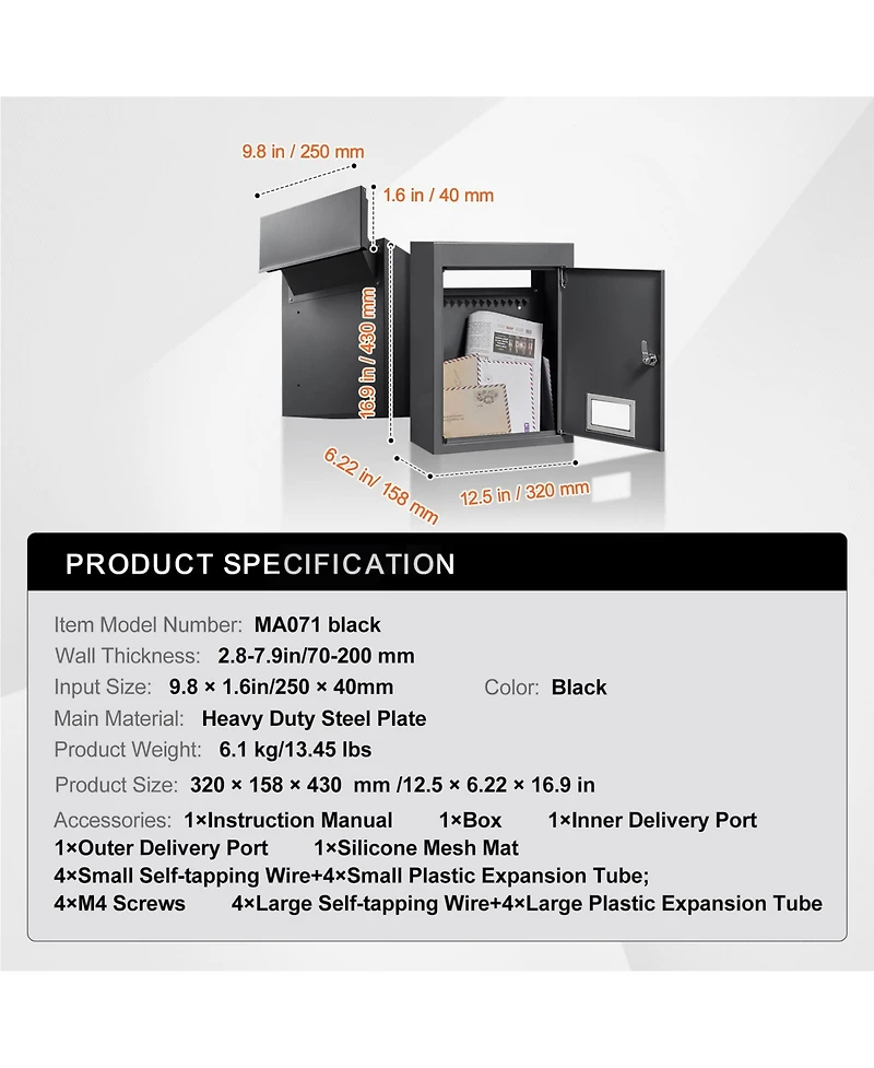 Vevor Through The Wall Drop Box 12.5x6.3x16.9" Mailbox with Code Lock