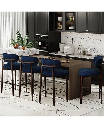 gaomon Set of 4 Upholstered Counter Height Bar Stools with Wood Legs and Curved Back, Linen Kitchen Island Chairs with Footrest