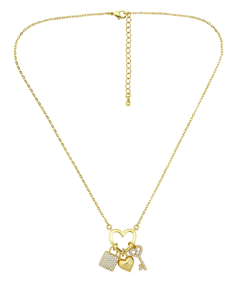 Macy's 14k Gold-Plated Over Brass Heart Shape Charm Holder with Heart, Key and Lock Charms Necklace