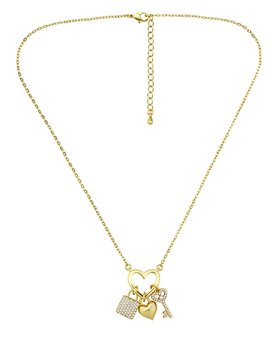Macy's 14k Gold-Plated Over Brass Heart Shape Charm Holder with Heart, Key and Lock Charms Necklace