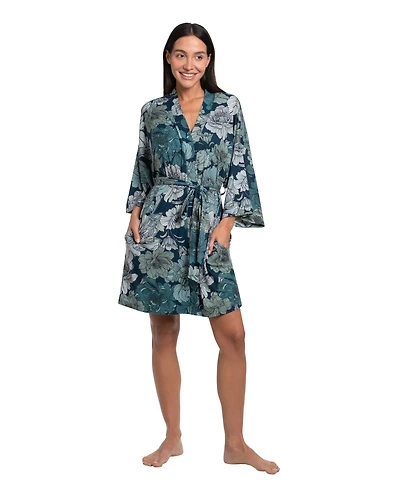 Linea Donatella Women's Teal Floral Print Knit Wrapper
