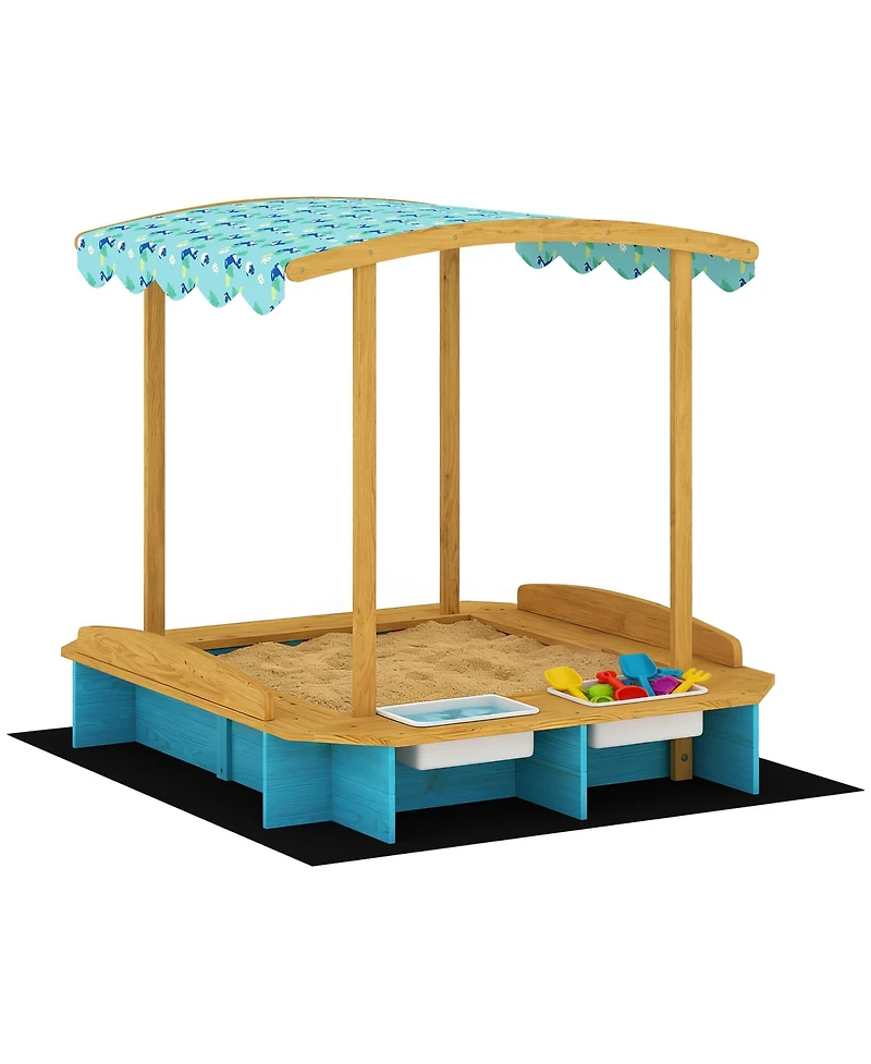 Qaba Wooden Sandbox with Seating for Six & Dinosaur-Print Canopy, Storage, 440 lbs. Capacity, Ages 3-6