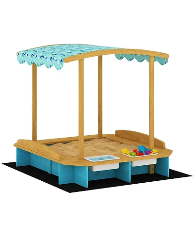 Qaba Wooden Sandbox with Seating for Six & Dinosaur-Print Canopy, Storage, 440 lbs. Capacity, Ages 3-6