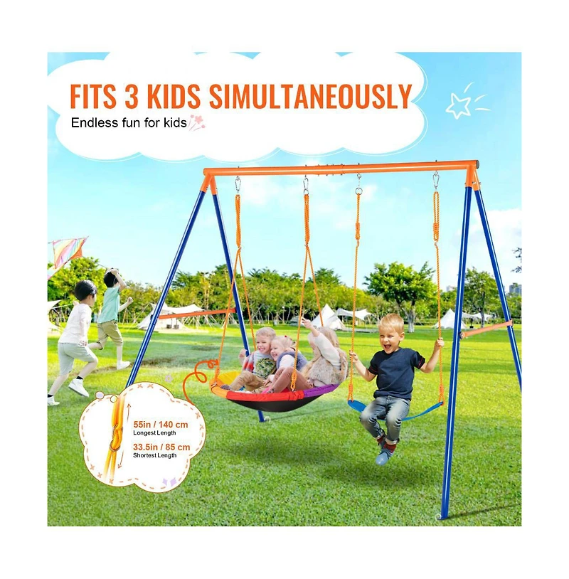 Slickblue A-Frame Swing Set with Saucer Swing & Belt Swing, Adjustable Ropes, Fits 3 Kids, Ages 3+