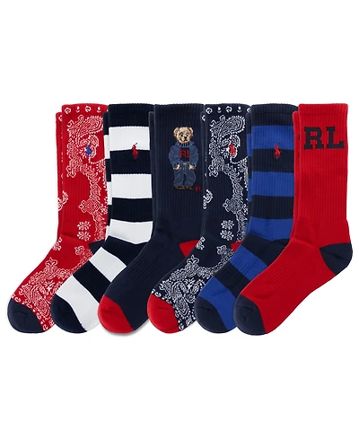 Polo Ralph Lauren Men's Rl Denim Bear Ribbed Reinforced Heel and Toe Crew Socks, 6-Pack