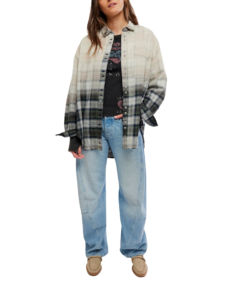 Free People Women's Lexi Plaid Oversized Waffle-Knit Shirt
