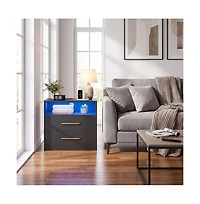 SongmicsHome Bedside Table, Side End Table, Nightstand with Power Outlets, Sliding Lid, Led Lights, 2 Drawers