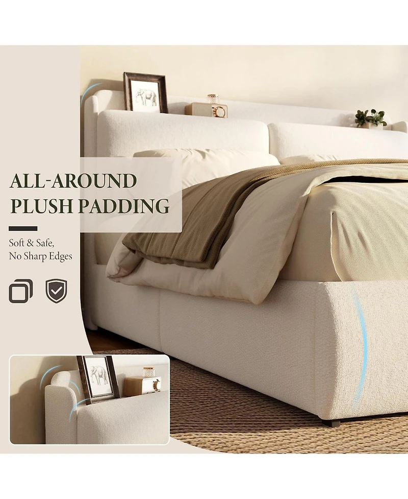 gaomon Full Upholstered Bed Frame with Shelf and Drawers- Beige Chenille Platform Bed with Built in Headboard Shelf for Phone and Books