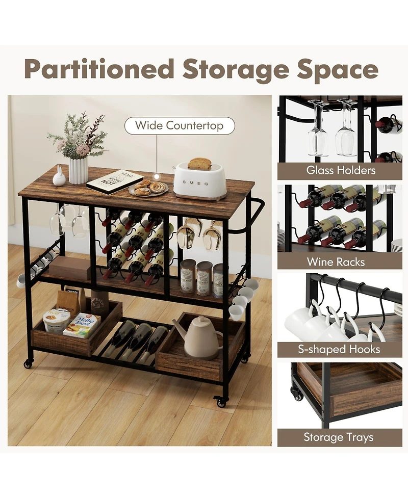 Sugift 3-Tier Rolling Bar Cart with Glass Racks and Bottle Holders