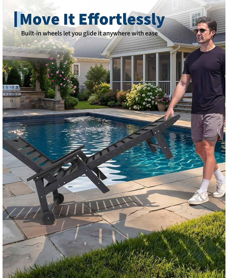 GarveeLife Rolling Outdoor Chaise Lounge Chair, 5-Position Adjustable Backrest, Wheels, Cup Holder for Deck, Garden, Backyard