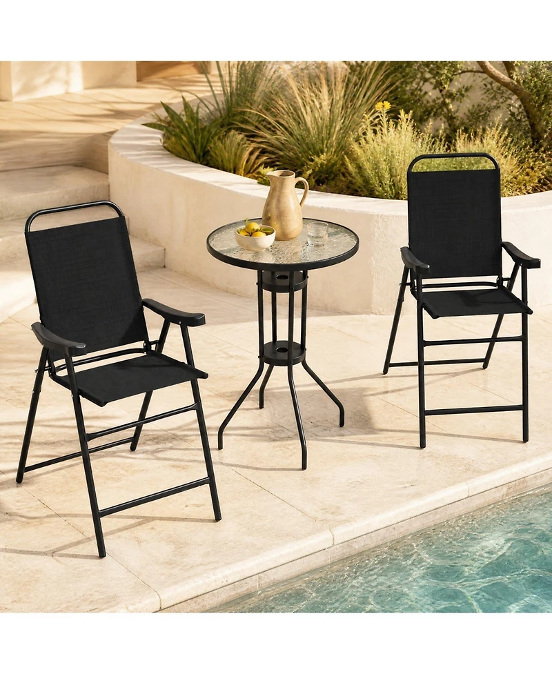 Gymax 2PCS Patio Bar Chair Folding Bar Height Metal Frame w/ Footrest Garden Coffee Black