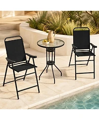 Gymax 2PCS Patio Bar Chair Folding Bar Height Metal Frame w/ Footrest Garden Coffee Black