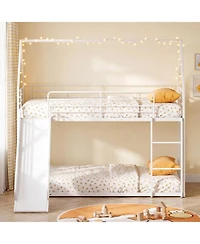 Costway Twin Over Twin Low Bunk Bed House-shaped Metal Bunk Bed Frame with Safety Guardrail