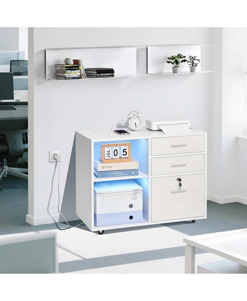 Slickblue 3 Drawer Mobile File Cabinet with Led Light and Storage Shelves