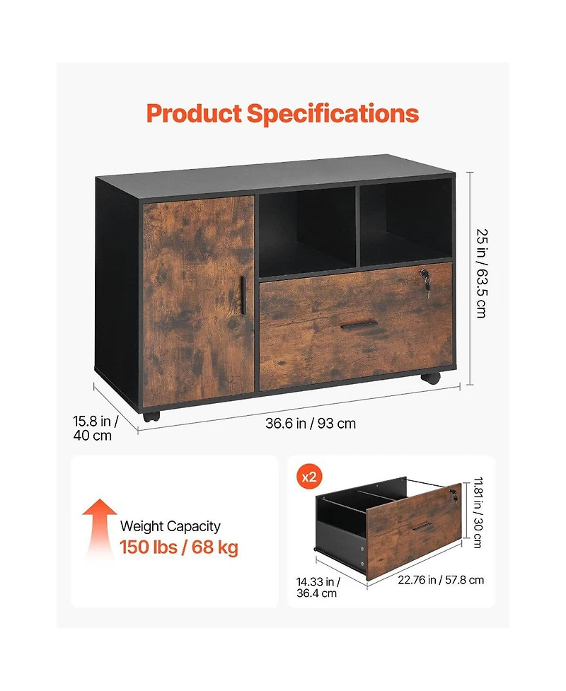 Slickblue Wood Mobile File Cabinet with Lockable Wheels and Shelves