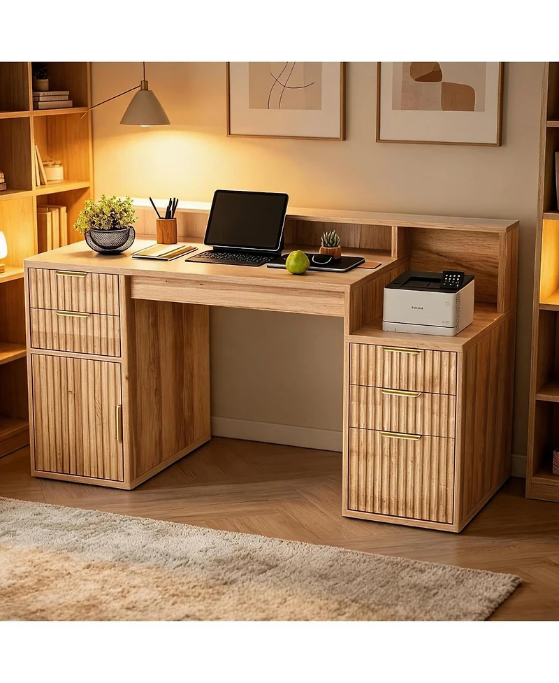 gaomon Rectangular Computer Desk with Hutch, Printer Stand and Ripple Door Storage, Space-Saving Home Office Writing Desk