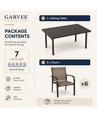 7-Piece Outdoor Patio Dining Set with 55" Rectangular Table and 6 Stackable Textilene Chairs, Wood-Grain Finish, Rust-Resistant Steel Frame