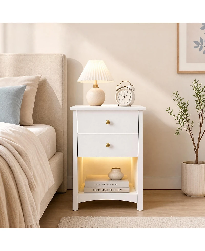 Nightstand with Charging Station, Led Light Strip, 2 Drawers and Open Shelf, Modern Mid-Century Bedside Table for Bedroom or Dorm