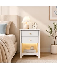 Nightstand with Charging Station, Led Light Strip, 2 Drawers and Open Shelf, Modern Mid-Century Bedside Table for Bedroom or Dorm