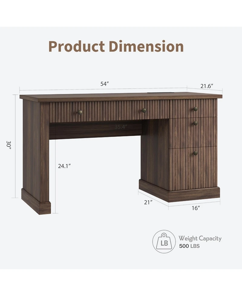 homfan 54" Fluted Executive Desk with File Drawer & Storage Drawers,Brown
