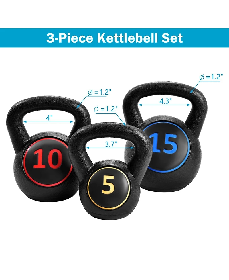 Glintex Kettlebell Set, 3 Hdpe Kettlebells at 5, 10 and 15 lbs