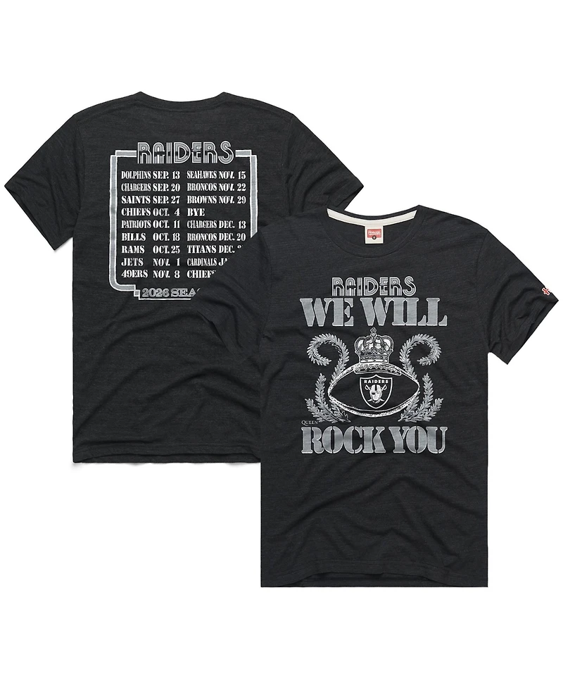Homage Men's and Women's Charcoal Las Vegas Raiders 2026 Nfl Schedule Queen Tri-Blend T-Shirt