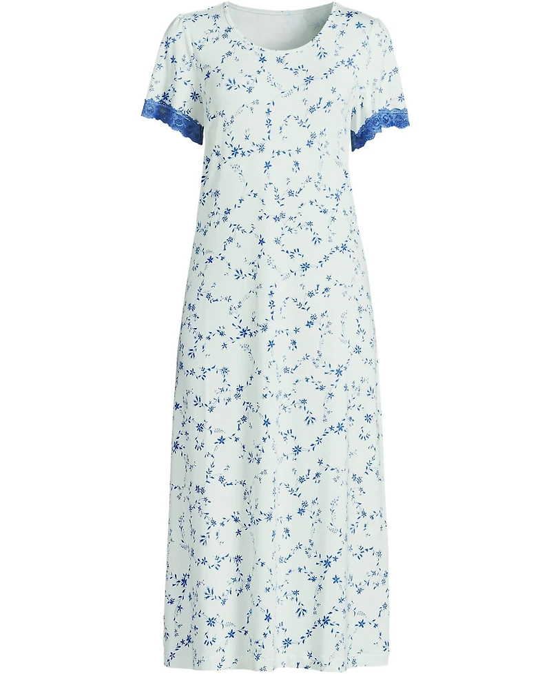 Lands' End Plus Cooling Floral Mid-Calf Short-Sleeve Scoop Neck Nightgown