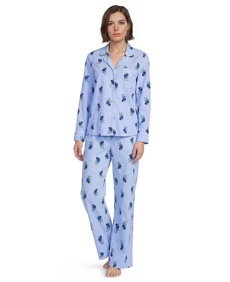 Lands' End Women's Cotton Long-Sleeve Pajama Top and Pants Set