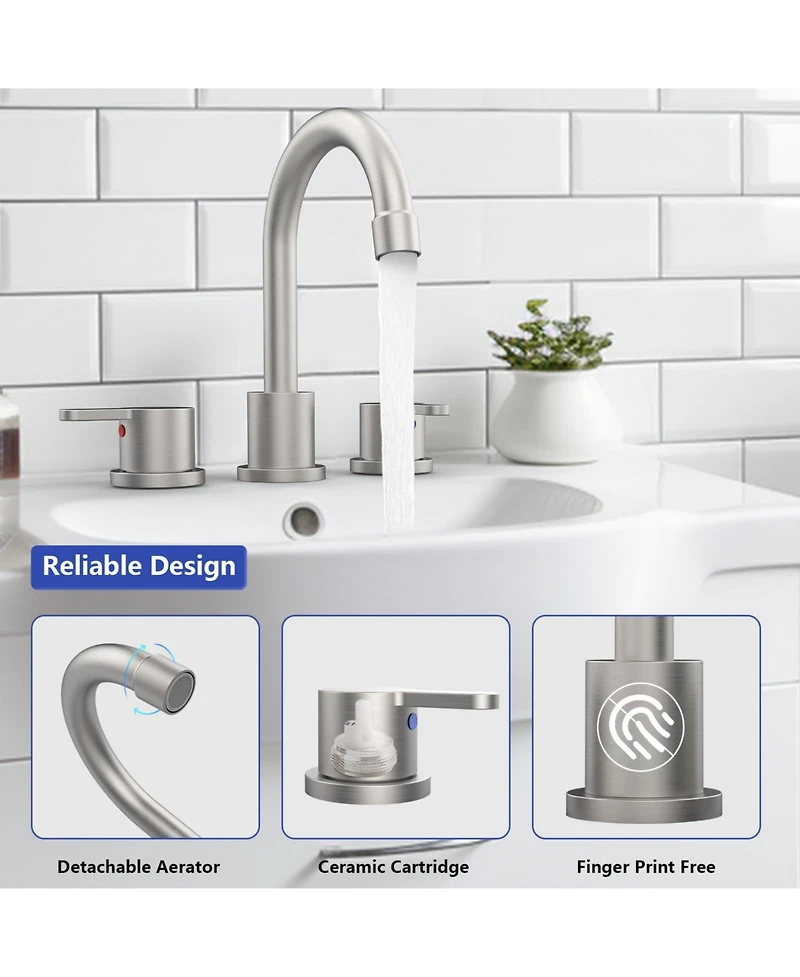 Phying 8 Inch Widespread Bathroom Sink Faucet Brushed Nickel 2 Handle 3 Hole Vanity Faucet with 360 Degree Swivel Spout and Pop Up Drain Assembly