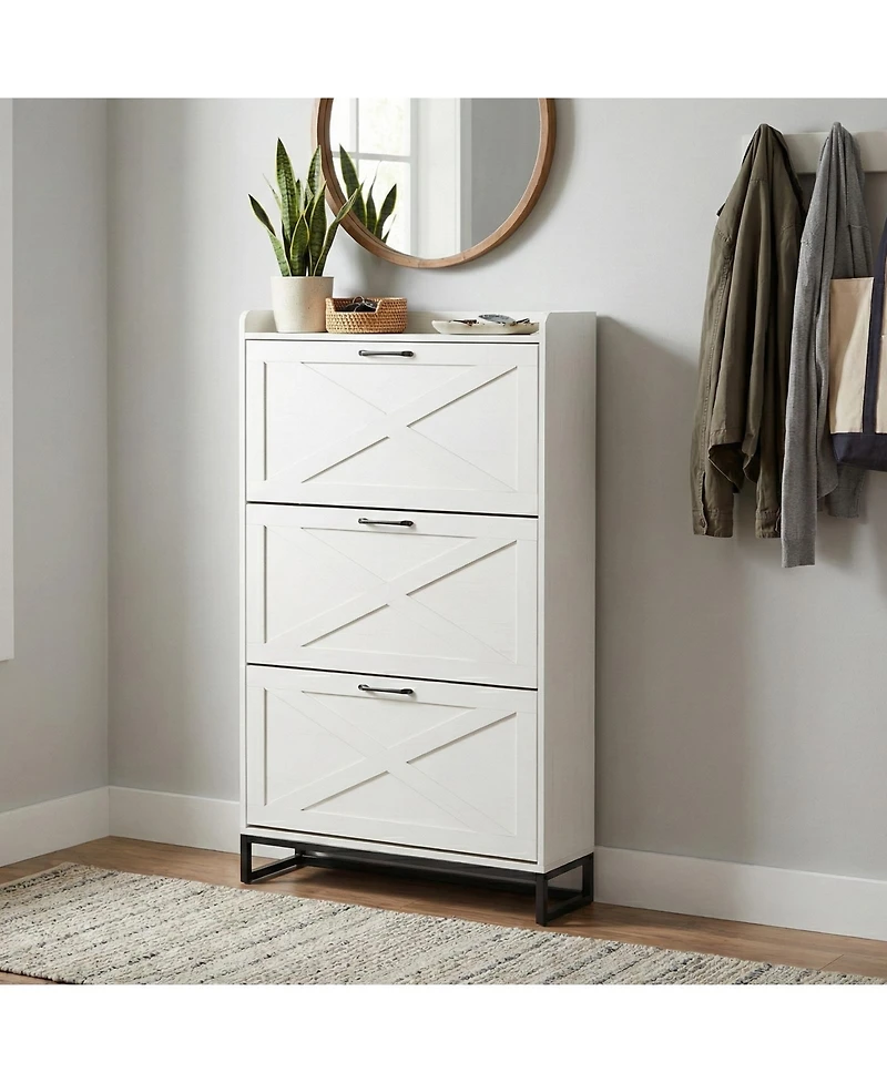 Slickblue Barn Door Shoe Cabinet with 3 Flip Drawers and Top Storage Shelf