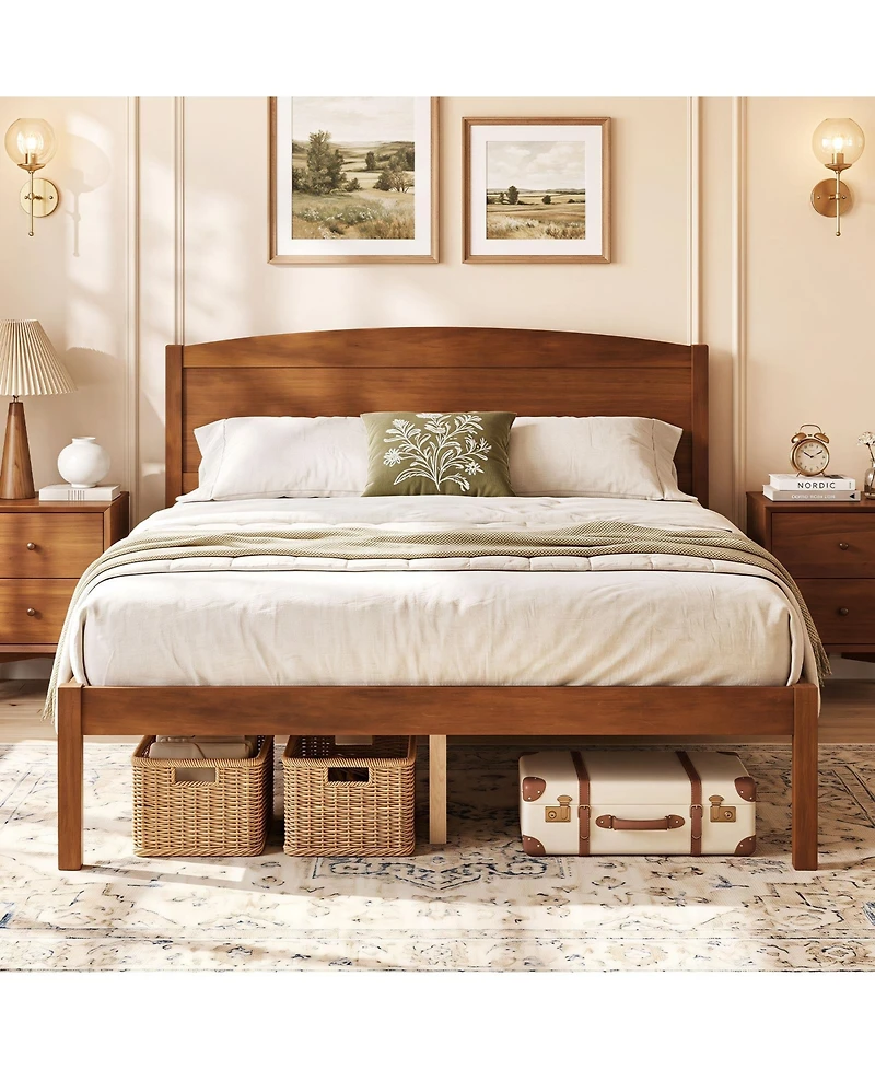 Gymax Full Wooden Platform Bed Frame With Curved Headboard Solid Pine Wood Legs