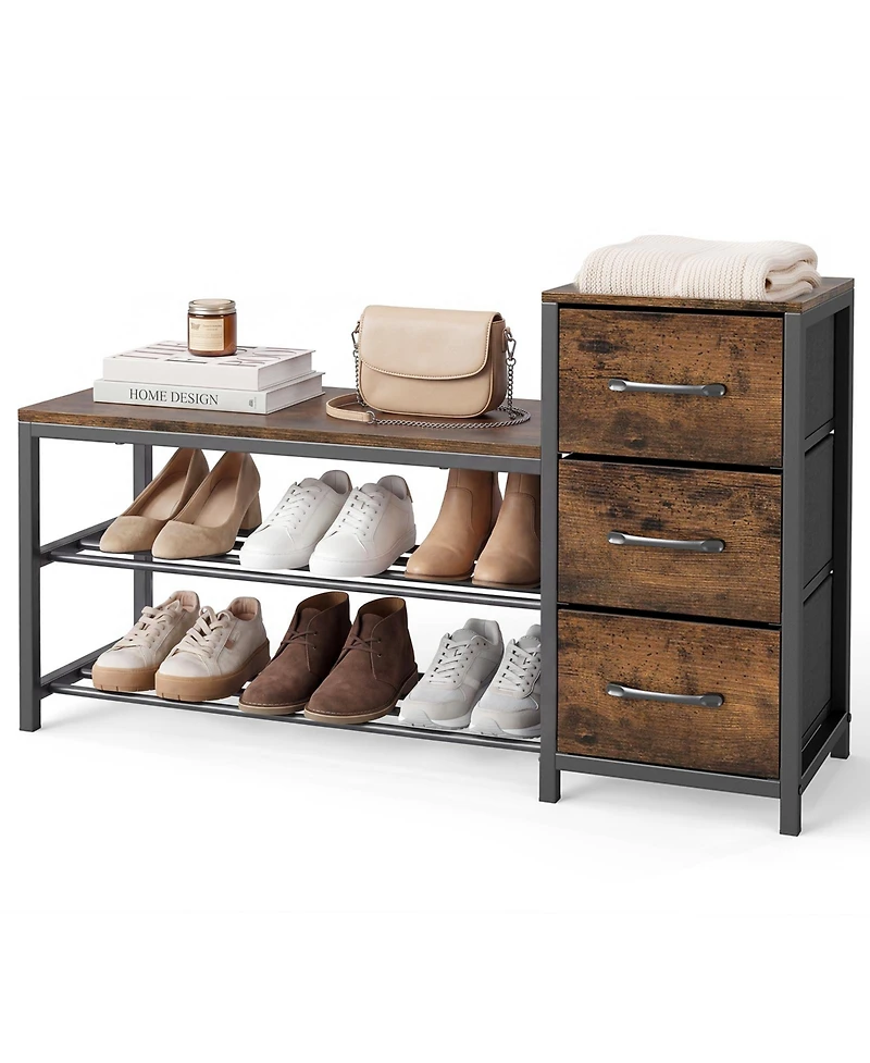Gymax Industrial Shoe Bench 3-Tier Shoe Rack w/ 3 Removable Fabric Drawers