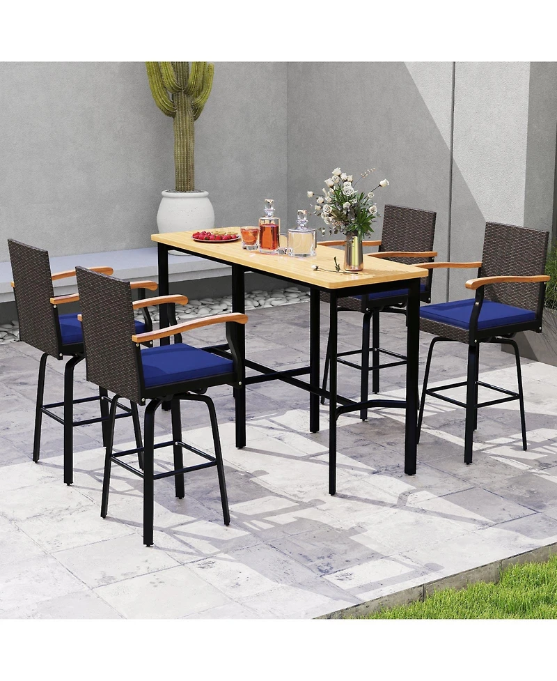 Gymax 4PCS 29'' Outdoor 360-Degree Swivel Bar Stool Cushion Acacia Wood Armrests Footrest