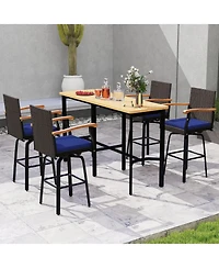 Gymax 4PCS 29'' Outdoor 360-Degree Swivel Bar Stool Cushion Acacia Wood Armrests Footrest