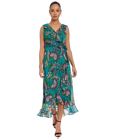 London Times Women's Side Tie Ruffle Wrap High-Low Floral-Print Dress