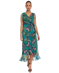 London Times Women's Side Tie Ruffle Wrap High-Low Floral-Print Dress