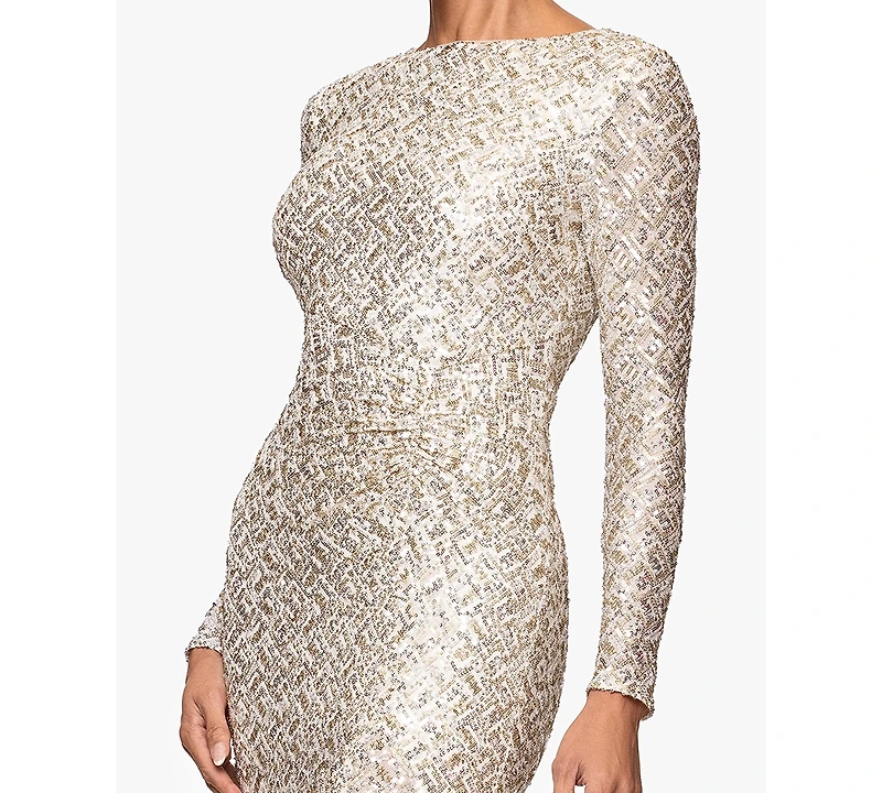 Xscape Petite Allover-Sequin Boat-Neck Long-Sleeve Dress