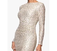 Xscape Petite Allover-Sequin Boat-Neck Long-Sleeve Dress