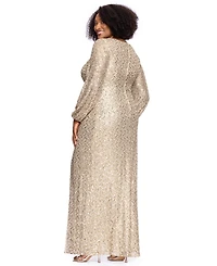 Xscape Plus Allover-Sequin Keyhole Long-Sleeve Gown