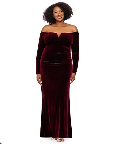 Xscape Plus Off-the-Shoulder Velvet Long-Sleeve Gown