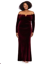 Xscape Plus Off-the-Shoulder Velvet Long-Sleeve Gown