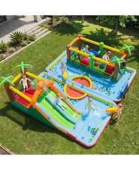 Gymax Inflatable Water Slide Park with Double Slides Splash Pools Jumping Area Blower