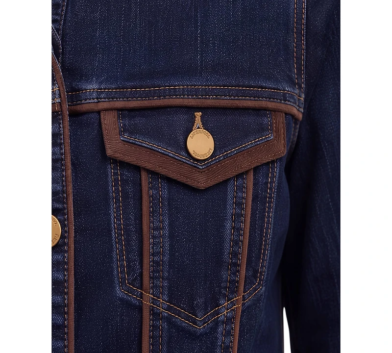Liverpool Los Angeles Women's Crosshatch Stretch Denim Velvet-Trim Dark-Wash Jacket