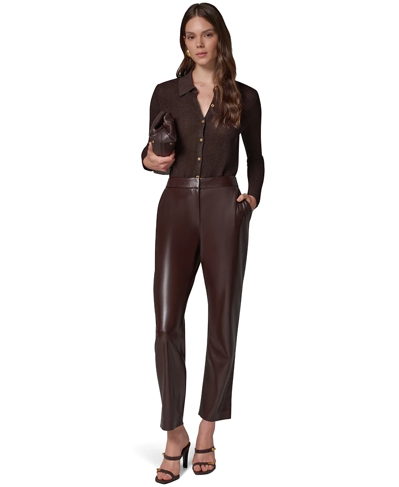 Donna Karan New York Petite Long-Sleeve Metallic-Knit Polo