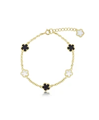The Lovery Mother of Pearl and Onyx Spring Flower Bracelet 14K Gold-Plated Sterling Silver