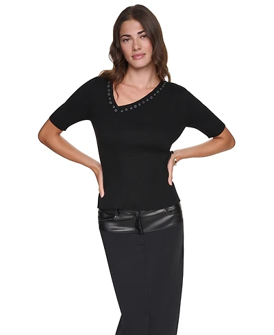 Dkny Women's Asymmetrical V-Neck Studded Ribbed-Knit Pullover Sweater