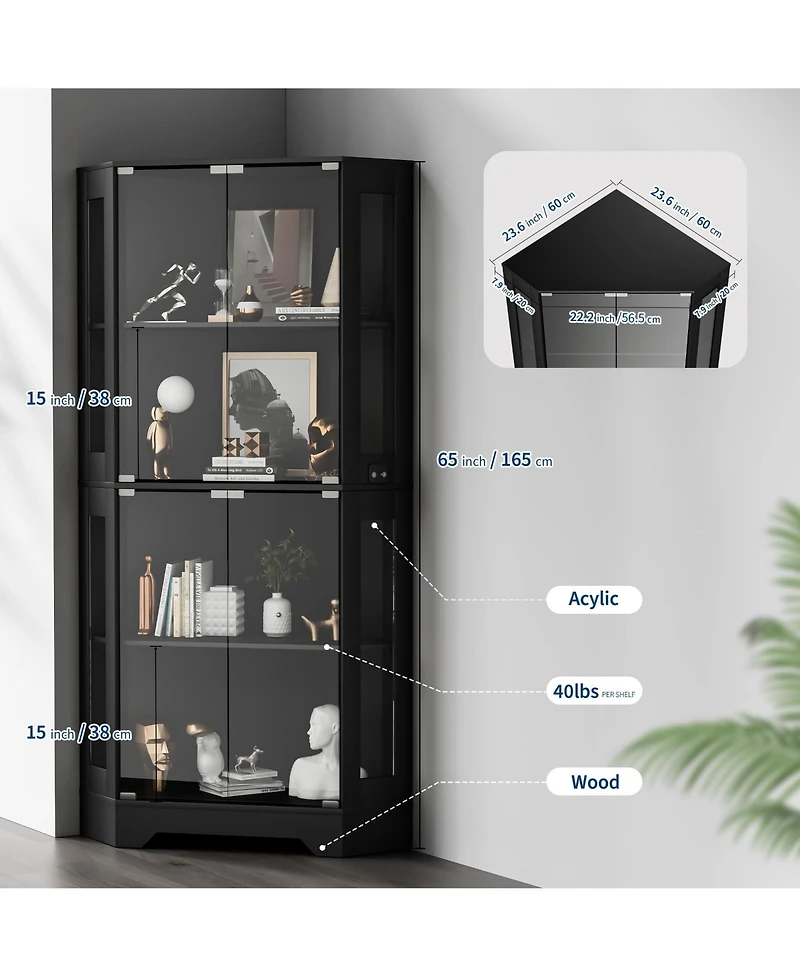gaomon 65" Modern Corner Glass Curio Cabinet with Led Lights, Glass Doors and Adjustable Shelves for Collectibles and Dining Room Display