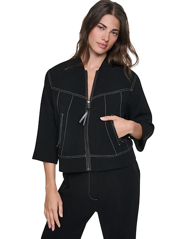 Dkny Women's 3/4-Sleeve Contrast-Stitch Cropped Jacket