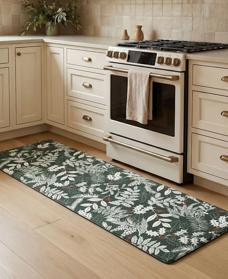 Laura Ashley Christmas Holly Leaves Non-Slip Kitchen Mat, 17.5" x 60"